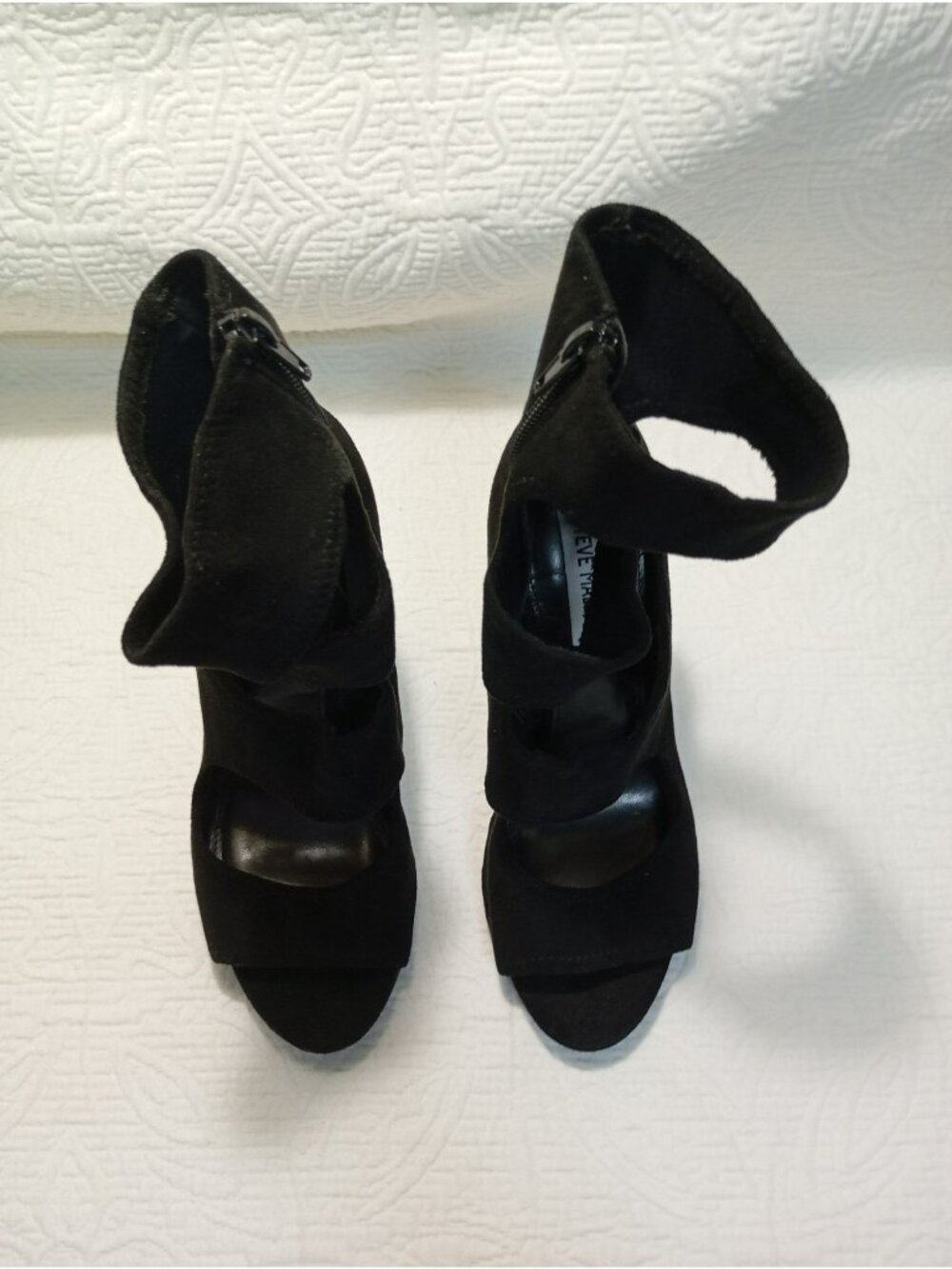 Steve Madden Black Suede Open-Toe Platform Heels Size 7 Zippered Ankle Strap - Picture 5 of 10
